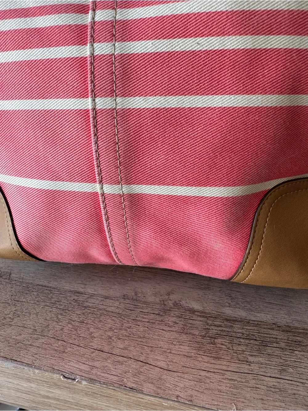 Coach Pink and Cream Canvas Stripe Tote with Tan Leather Trim